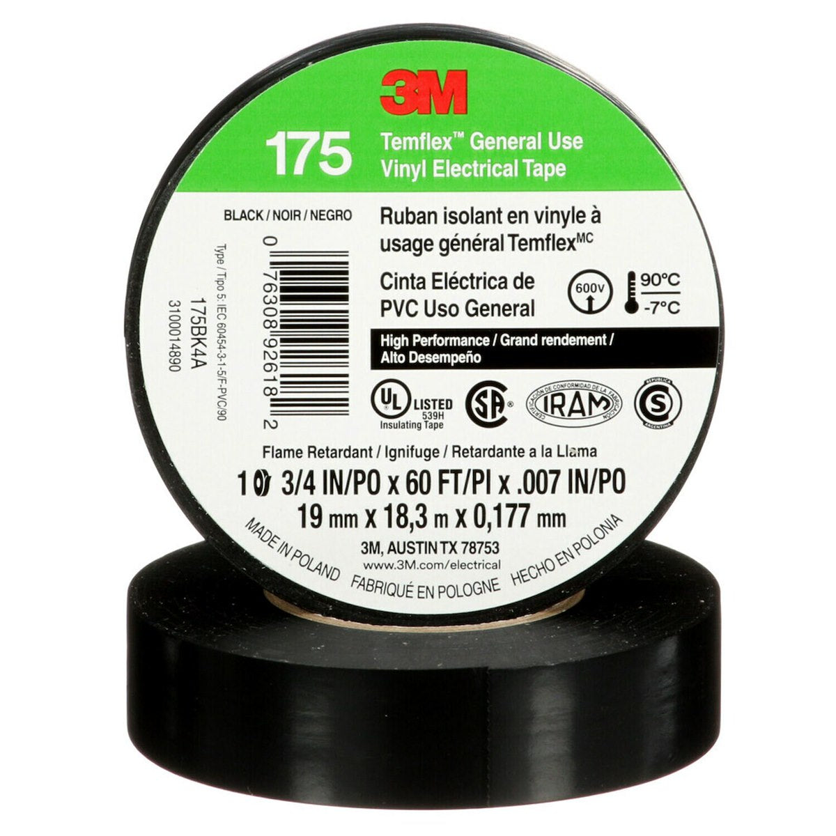 3M Electrical Tape, 3/4 in Width x 60 ft Length, 7 Mil Thick, Black - 92618