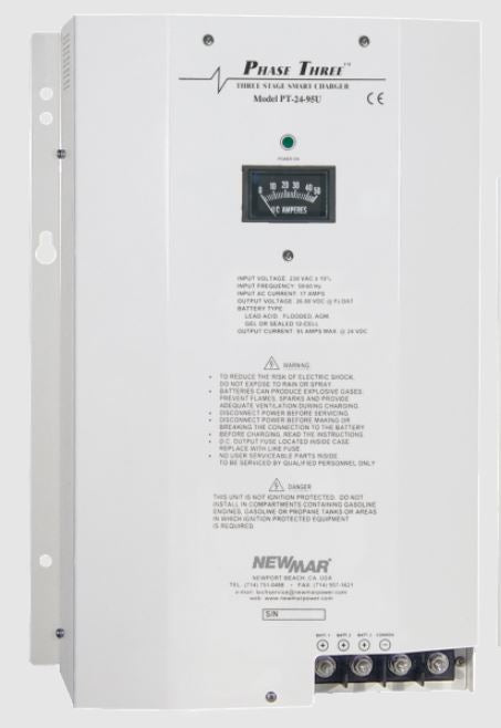 NewMar Battery Charger, Phase Three Smart Series, For 24 V Gel-Cell/24 V Flooded Lead-Acid/24 V AGM Batteries, 3-Bank Charger - PT-24-95U