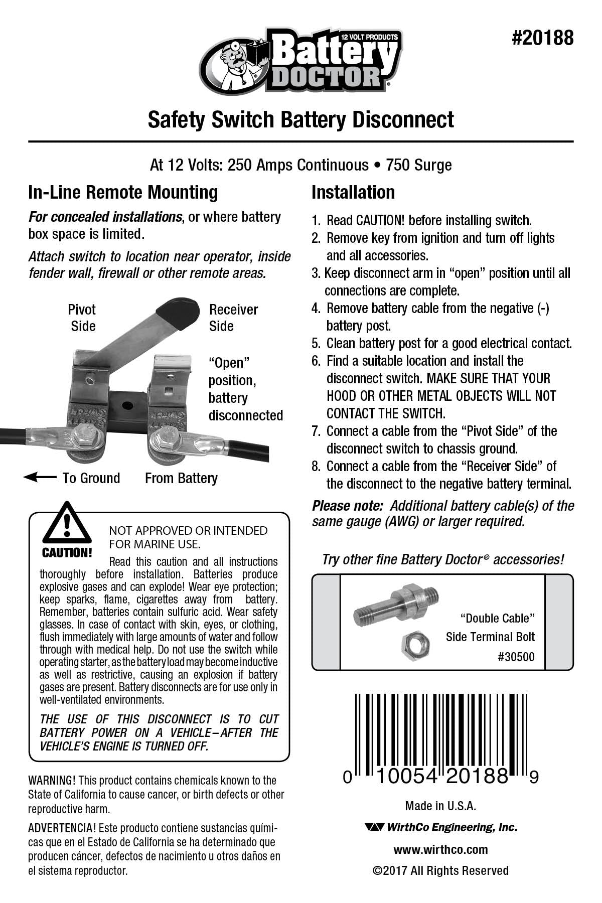 WirthCo Battery Disconnect Switch, 250 Ampere - 20188