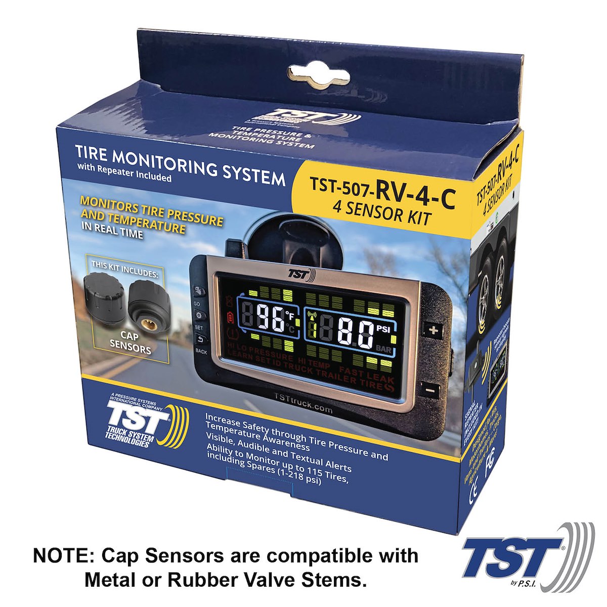 Truck System Technology Tire Pressure Monitoring System - TPMS, 507 Series, 4 Cap Sensors, 3-1/2 in TST Wide Screen Color Display - TST-507-RV-4-C