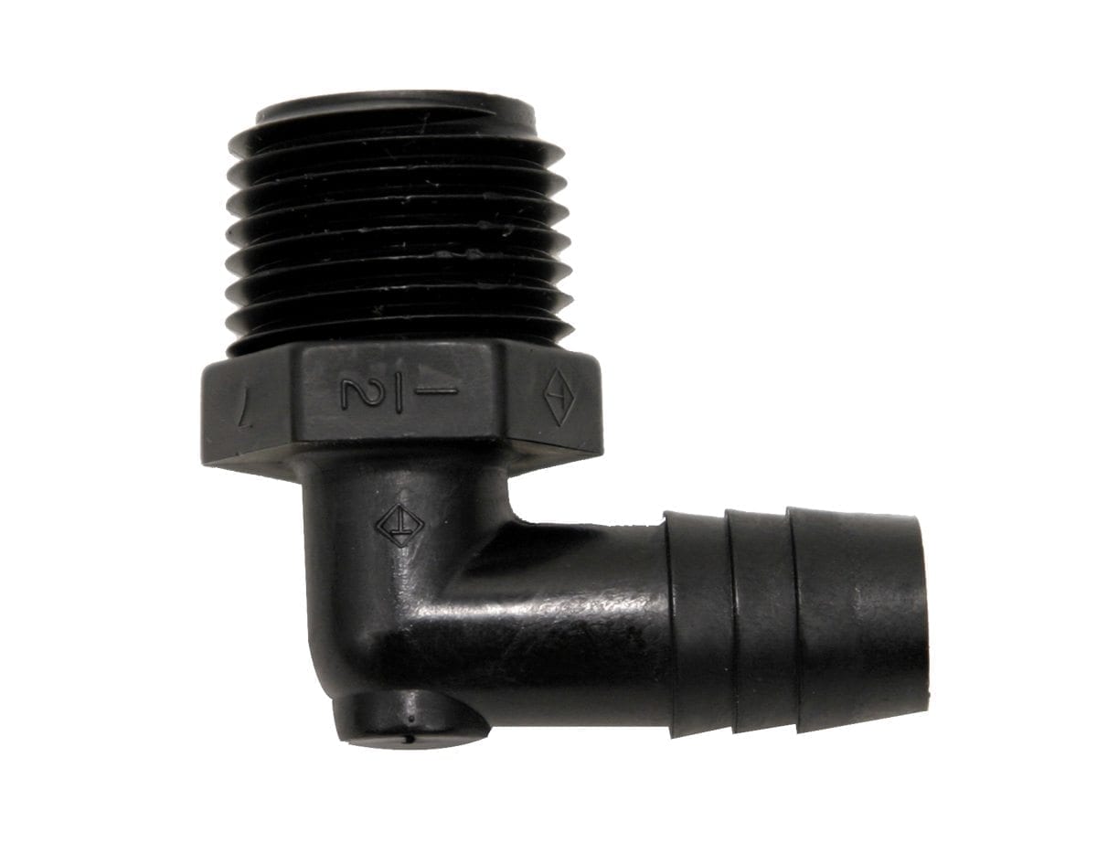 Valterra Fresh Water Fitting, 90 degree Elbow Male Adapter, 1/2 in Male NPT x 1/2 in Barb - RF846