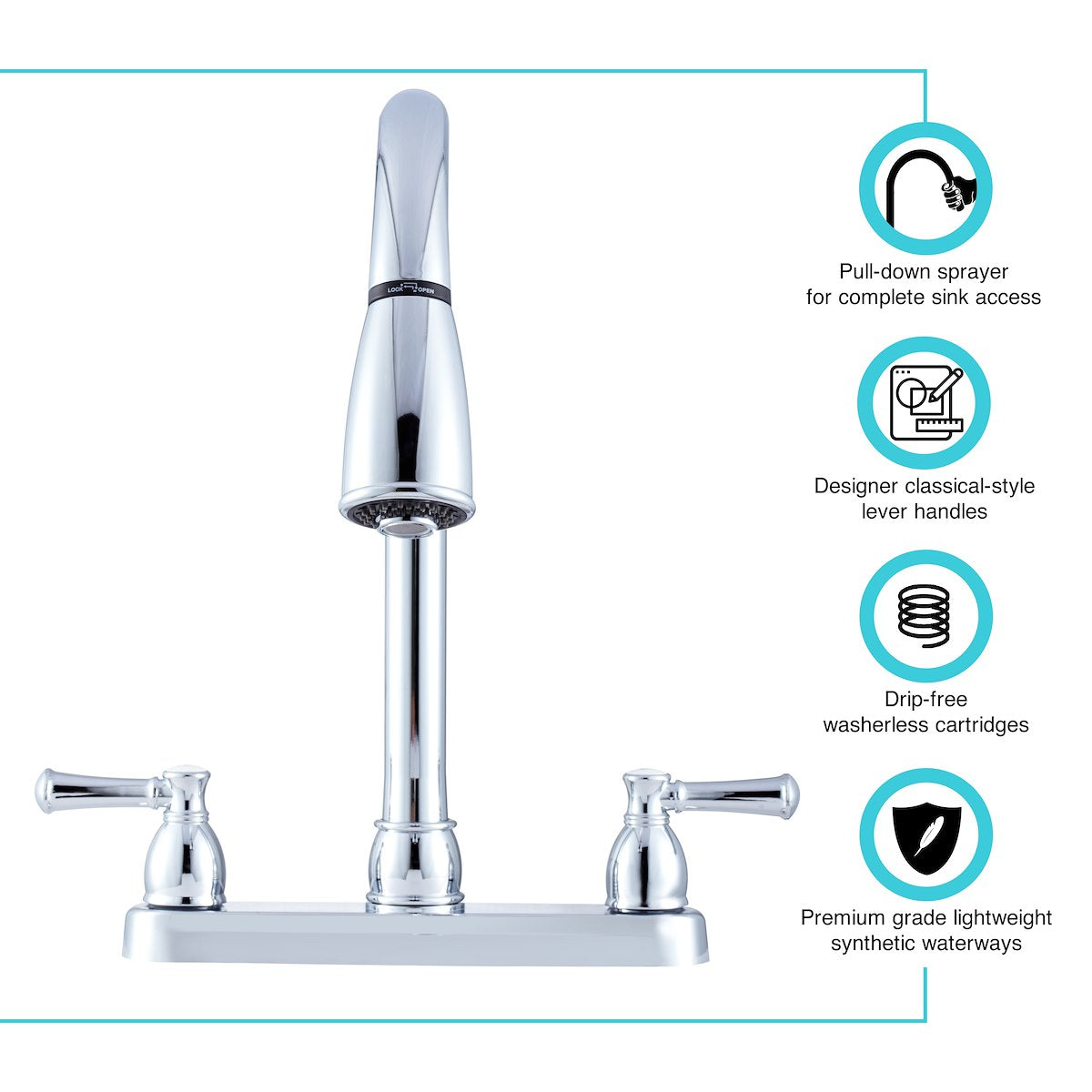 Dura Faucet Faucet, 15 in Pull Down Spout, 2 Teapot Designer Handle, Chrome Plated/Plastic - DF-PK350L-CP