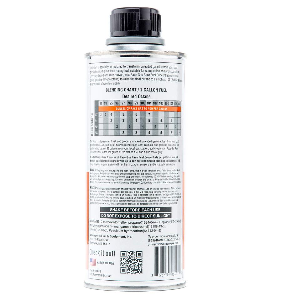 Race Gas Fuel Additive, 16 oz Bottle, Used To Boost Octane Ranging 100 To 105/For 87 To 93 Octane Gas - 100016