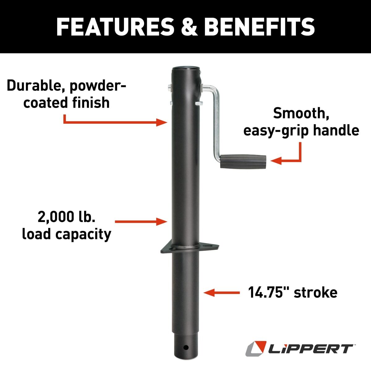 Lippert Trailer Tongue Jack, 2000 lb Capacity, 14-3/4 in Travel, Black - 285420