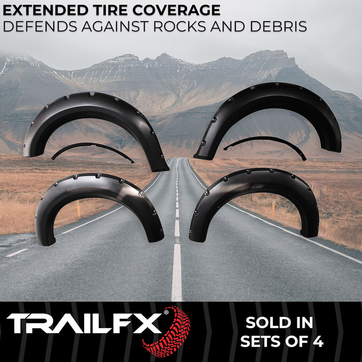 TrailFX Fender Flare, 2 in Front And 2-1/4 in Rear Tire Coverage, Black Smooth Paintable Finish, Set Of 4 - TFF3002S