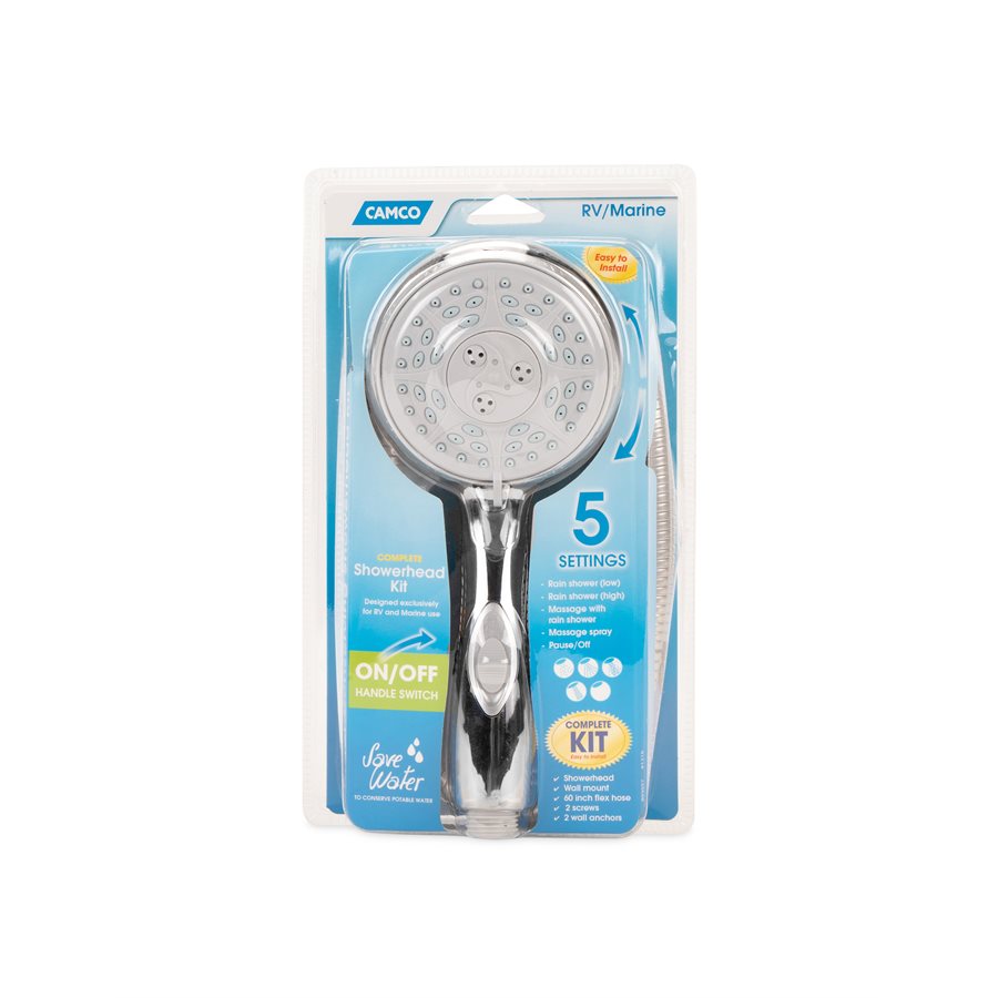 Camco Shower Head, Hand Held With 60 in Hose, With 5 Available Spray Settings, Fits Standard 1/2 in Shower Arm - 43713