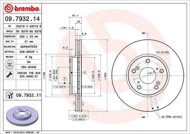 Brembo Brake Rotor, Wheel Bolt Pattern 5 x 114.3 Millimeter, 142.3 Millimeter Hat Inside Diameter, 64 Millimeter Hub Diameter - 09793211C02