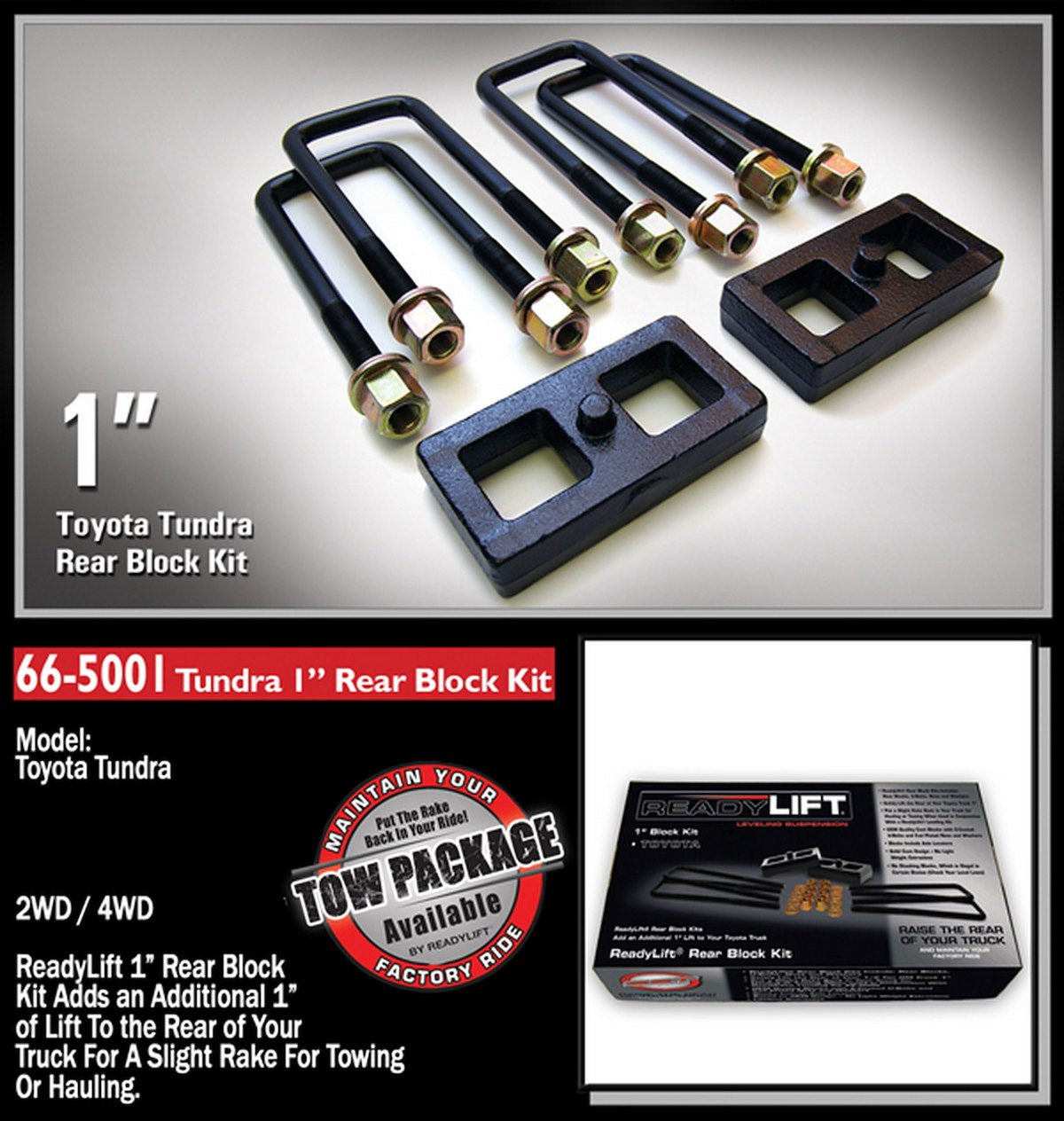 ReadyLIFT Leaf Spring Block Kit, 1 in Rear Lift, Includes 2 Rear Blocks/4 U-Bolts and Hardware - 66-5001