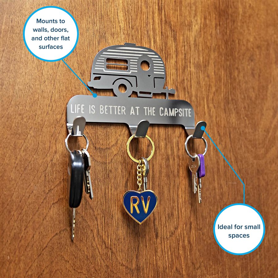 Camco Key Storage Case, 6 in Length x 4-1/4 in Width x 1-1/4 in Depth, Stainless Steel, With 3 Hooks And Double Sided Mounting Tape - 53368