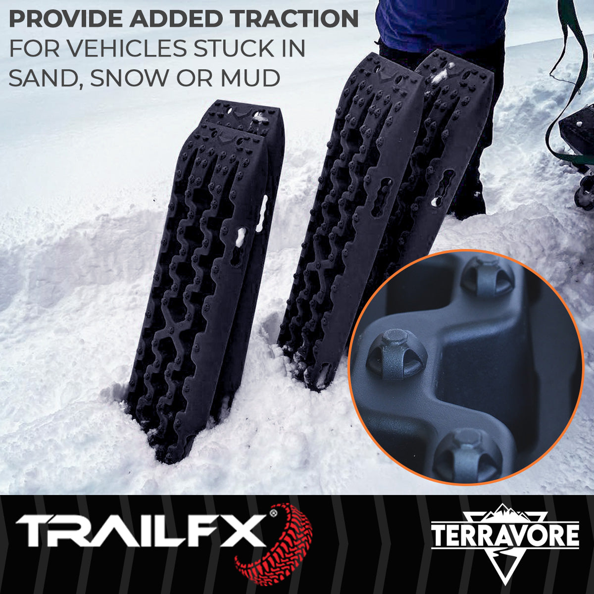 TrailFX Traction Mat, 42-1/2 in Length x 12-1/2 in Width x 2-1/2 in Height, Supports 20,000 lb, Black, Set Of 2 - TBBK01