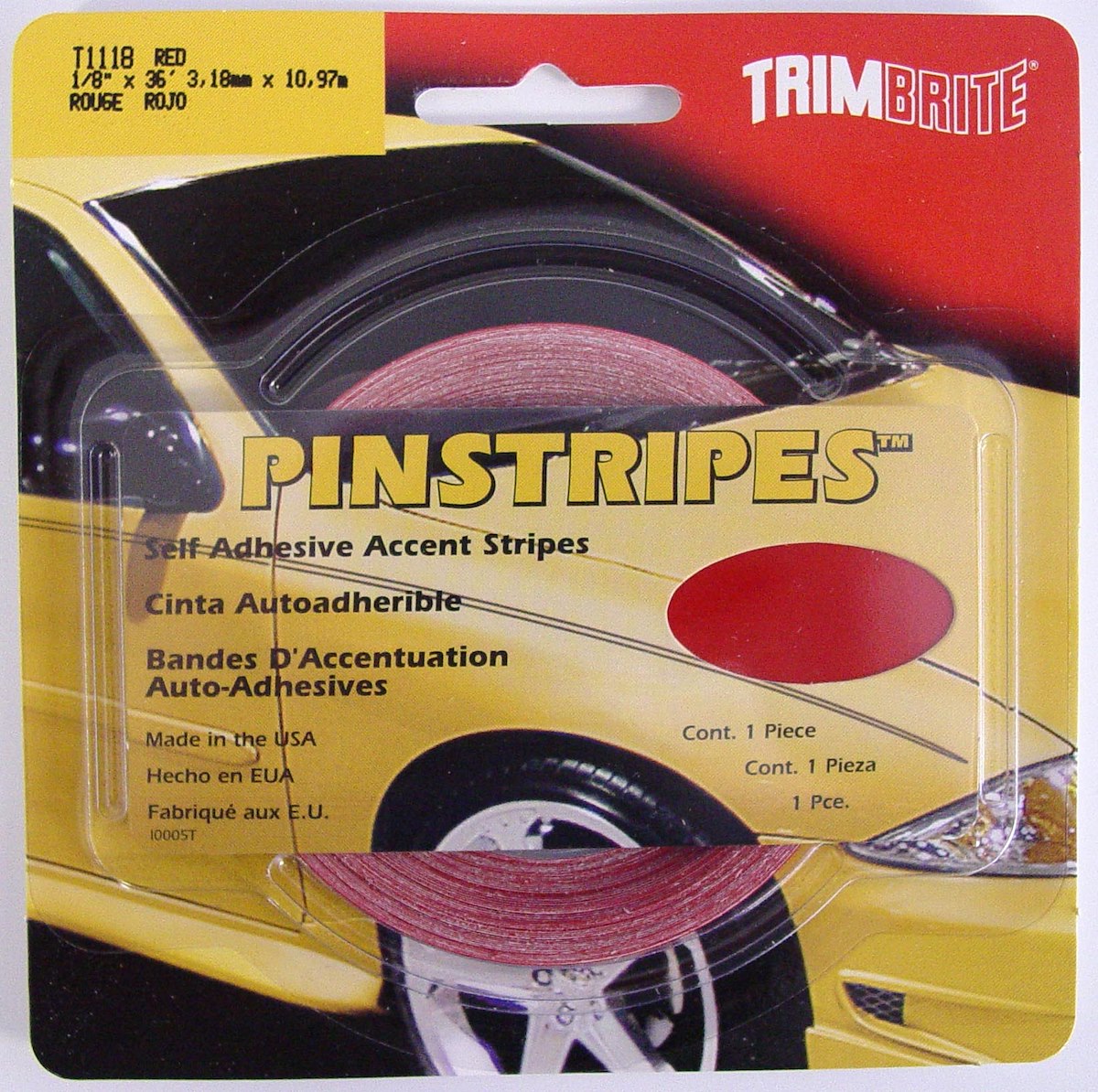 Trimbrite Pinstripe Tape, 1/8 in Solid Stripe, Red, 36 ft Length - T1118