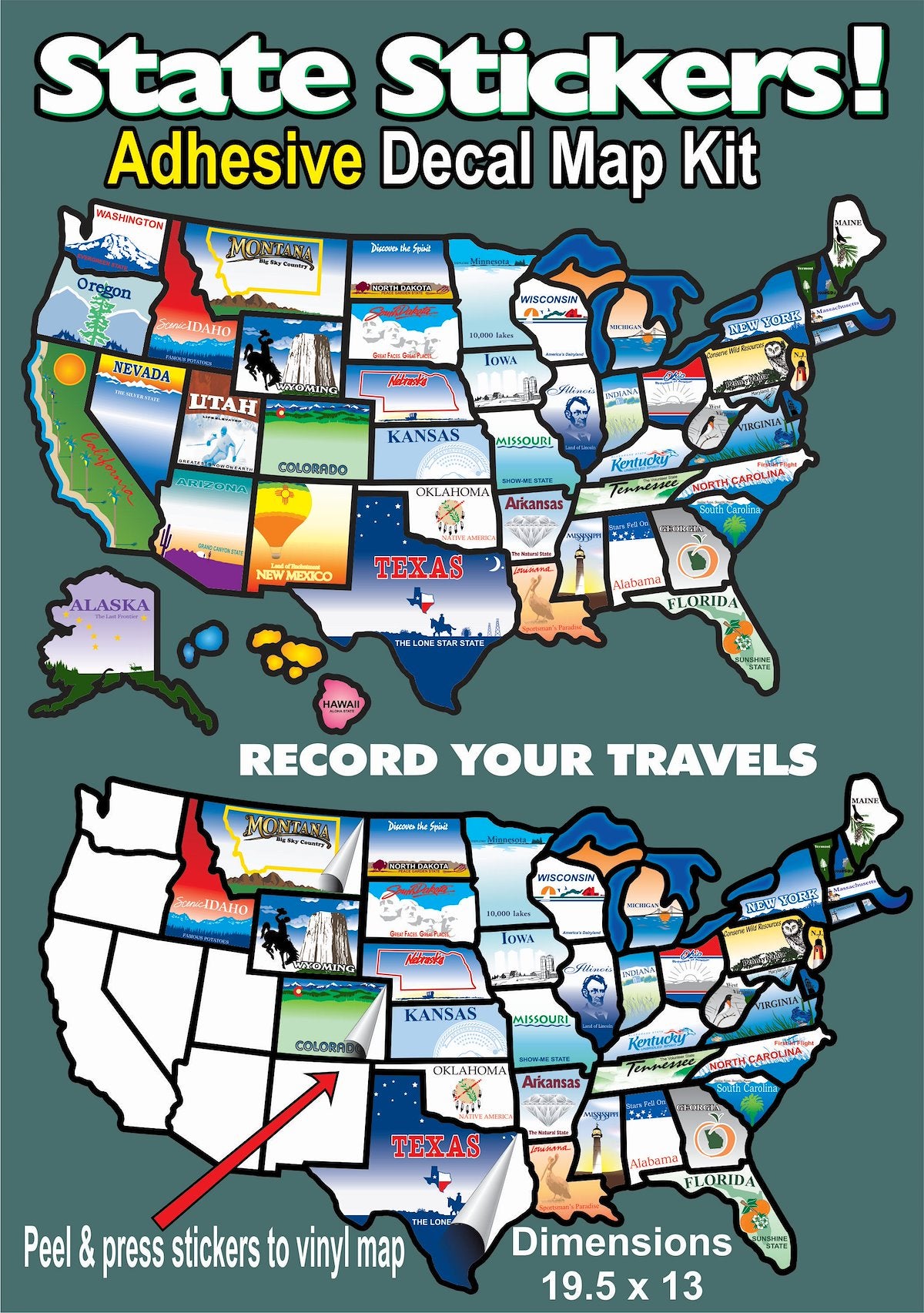 State Sticker Travel Map Sticker, United States Map With 50 State Stickers, 19-1/2 in Length x 13 in Width - STATESTICKERMAP