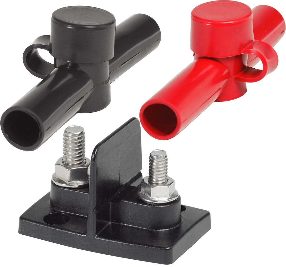 Blue Sea Busbar Stud, 5/16 in-18/3/8Inch-16 Thread Size, 48 V, With Black And Red Insulator Cover - 2018-BSS