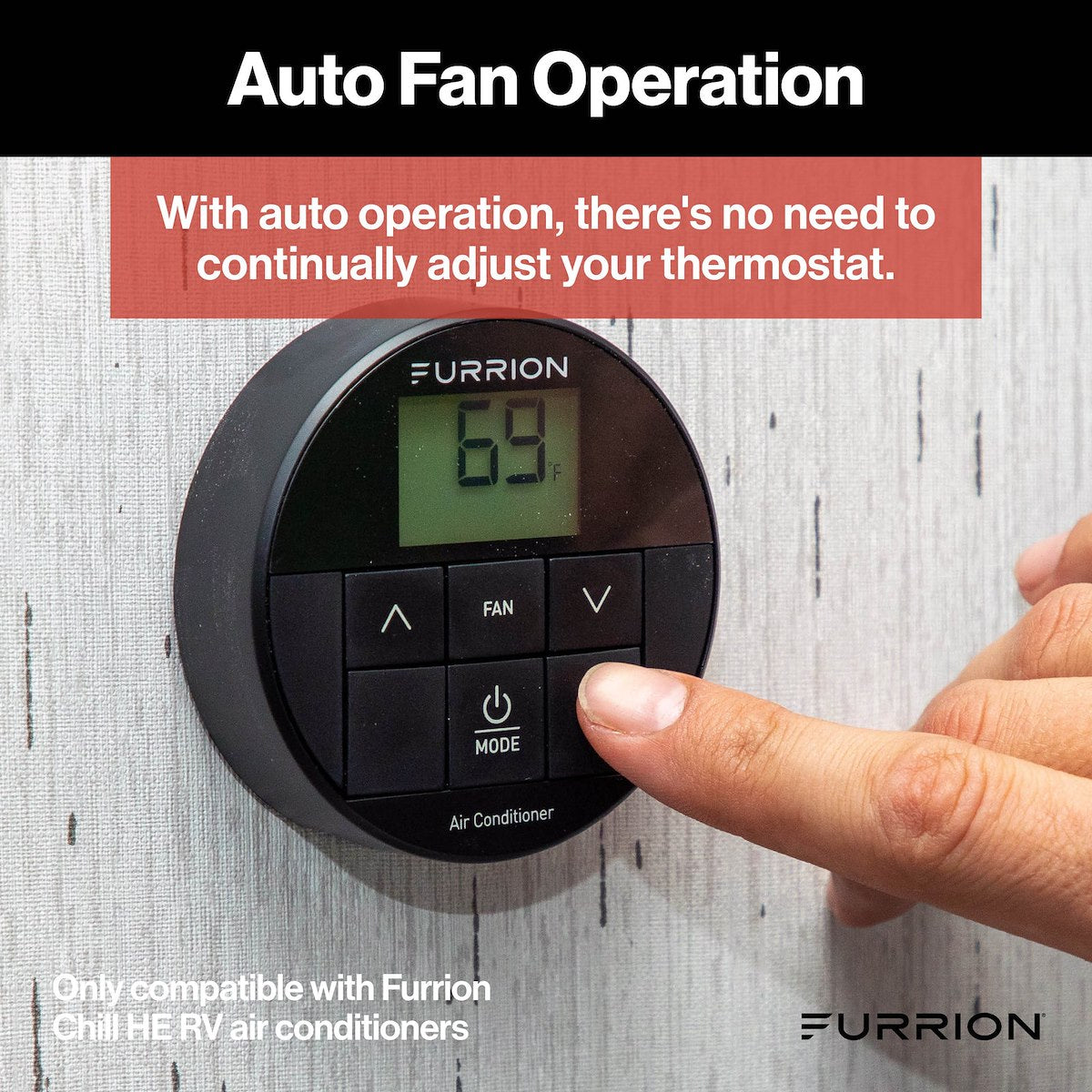 Furrion Wall Thermostat, Use With Furrion Chill  HE R32 Air Conditioners, LED Digital Readout, 12 V DC - FACW12ESZA2-BL-AM