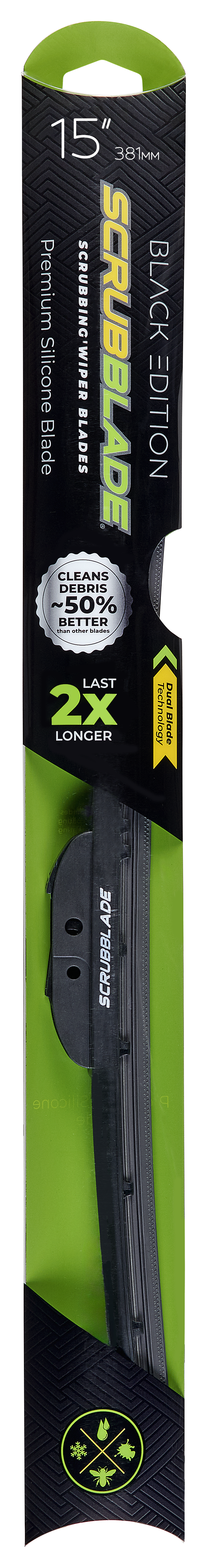 Scrubblade Windshield Wiper Blade, Black Edition, 15 in Length, Black - PB1500