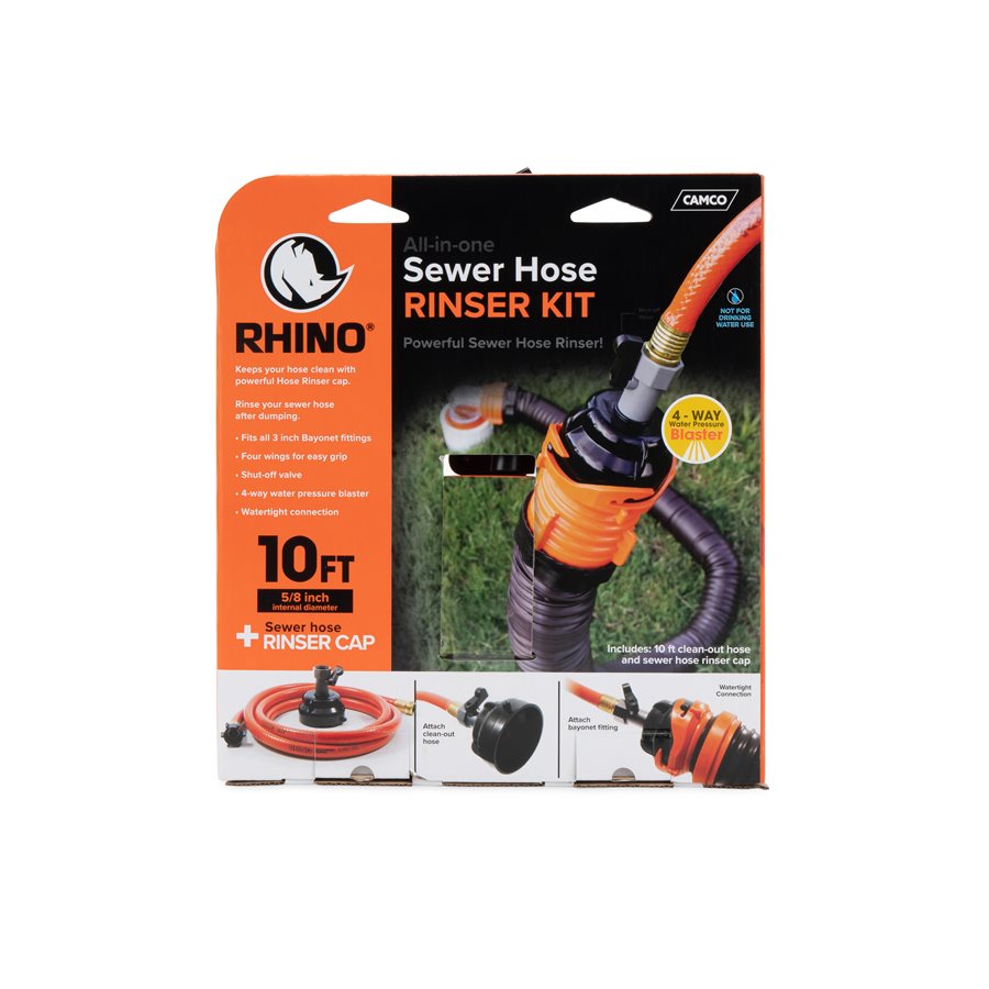 Camco Waste Water Hose, 10 ft Length, 5/8 in Inside Diameter, With 3 in Bayonet Fitting Rinse Cap - 22999