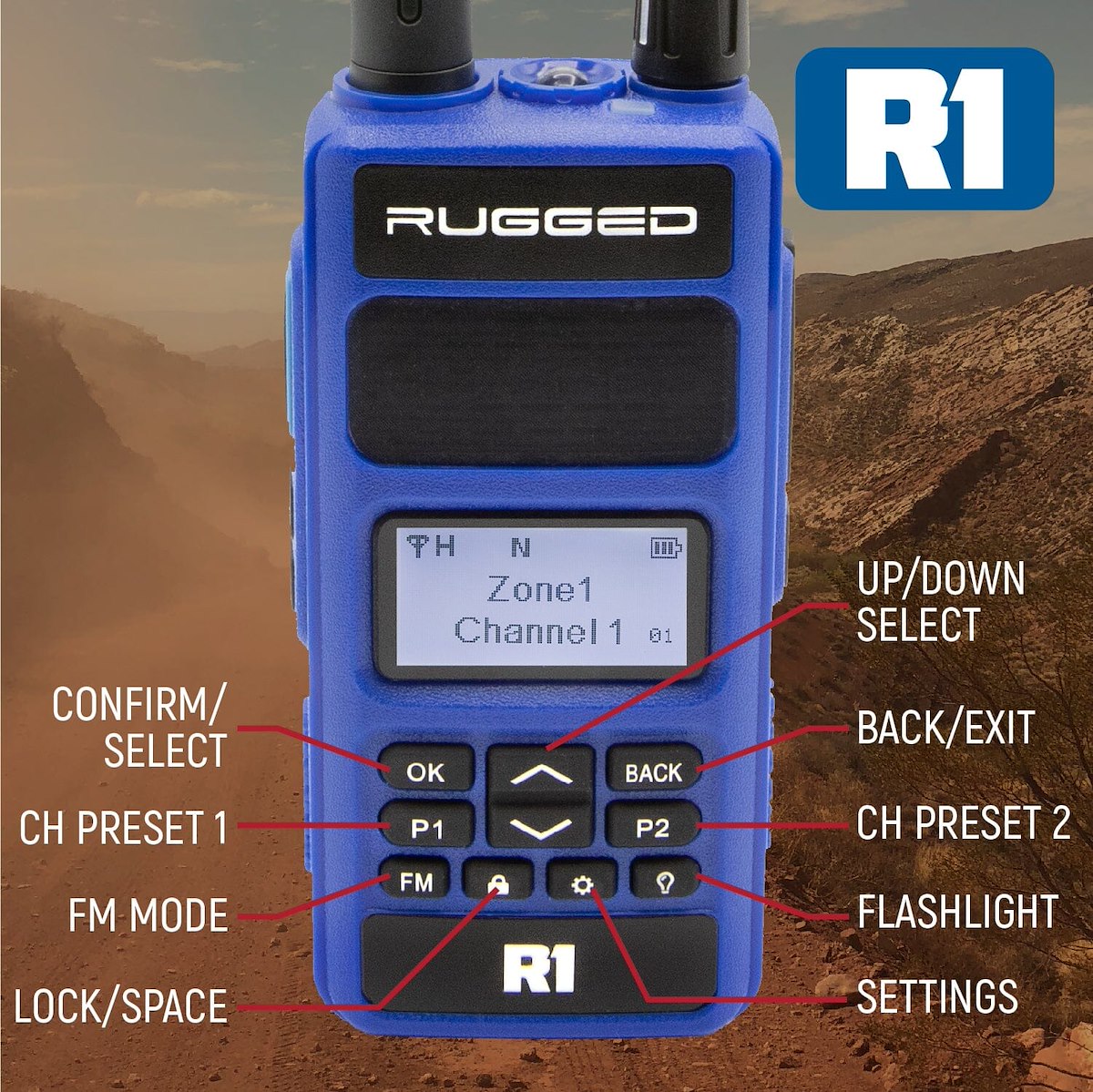 Rugged Radios HAM Radio, 136 MHz To 174 MHz And 400 MHz To 480 MHz Frequency, 1024 Channels And 250 Zone Capacity, 7.4 V DC - R1