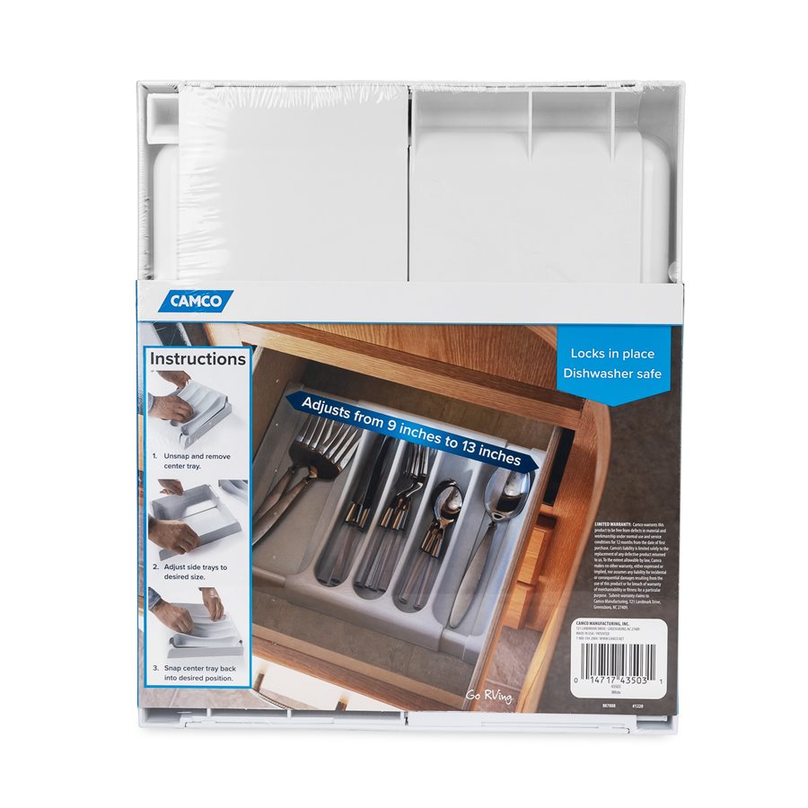 Camco Cutlery Tray, Adjustable From 9 in To 13 in Width x 1-3/4 in Height, With 5 Compartments, White - 43503