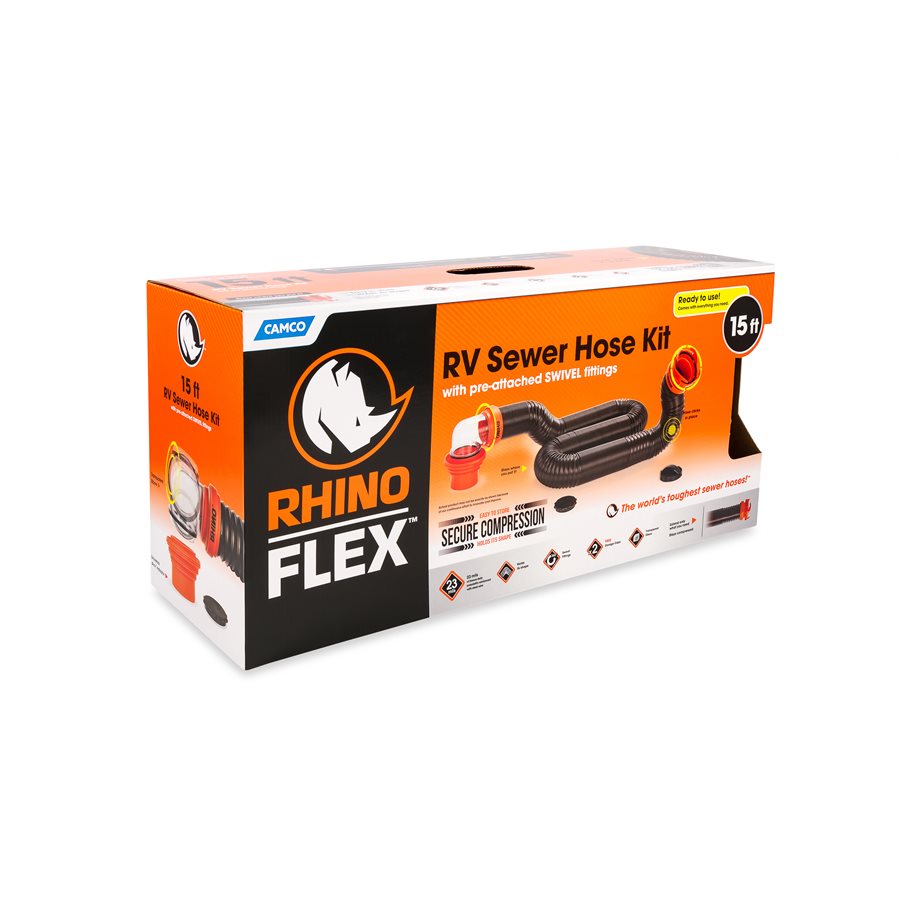 Camco Sewer Hose, 15 ft Extended Length, 3 in Diameter, 23 Mil Polyolefin Reinforced With Steel Wire - 39761