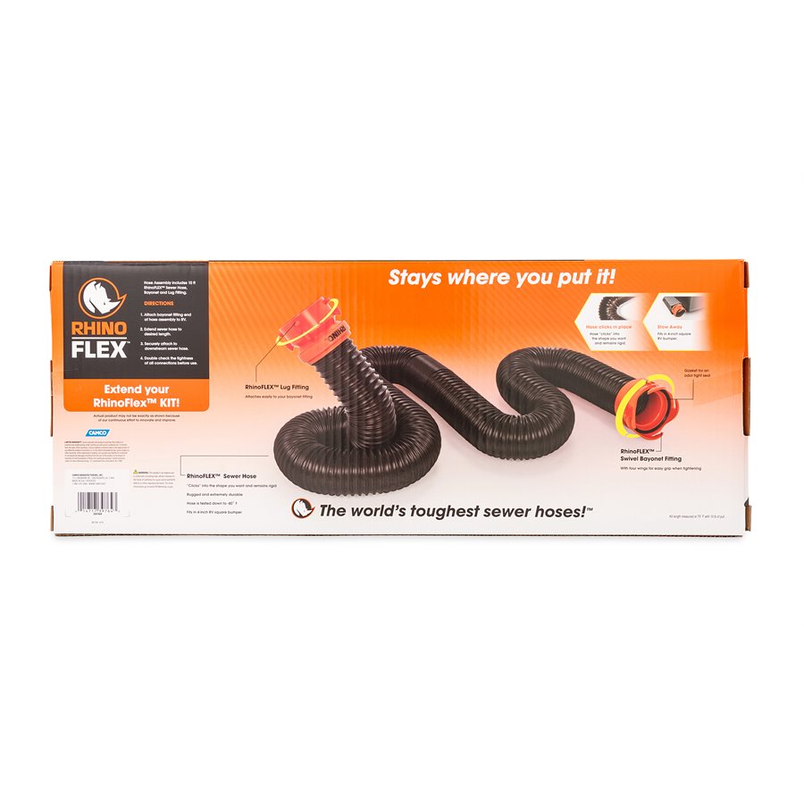 Camco Sewer Hose, 10 ft Extended Length, 3 in Diameter, 23 Mil Polyolefin Reinforced With Steel Wire - 39764