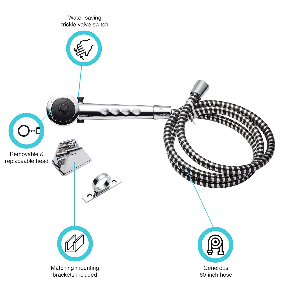 Dura Faucet Shower Head, Hand-Held With 60 in Reinforced Vinyl Hose, Chrome Plated - DF-SA130-CP