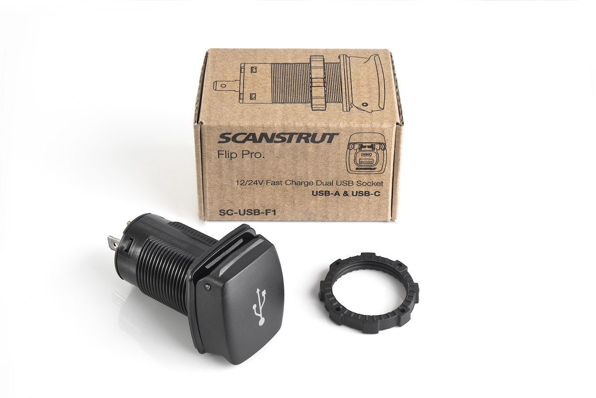 Scanstrut USB Outlet, 1 USB-A/1 USB-C Fast Charge Socket, 10 To 32 V DC Input Voltage(12/24 V System), 6 Ampere Input Current - SC-USB-F1