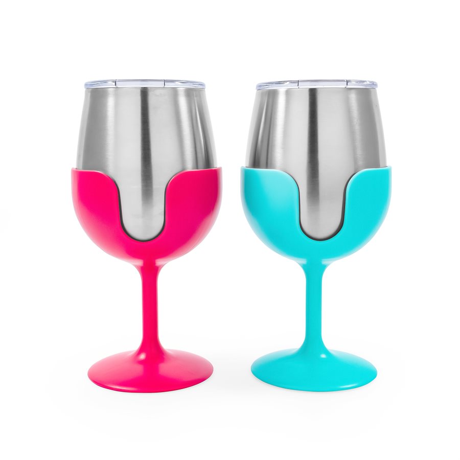 Camco Drinking Glass, 18/8 Grade Stainless Steel With BPA Free Lid, With 1 Blue And 1 Pink Removable Stem, 8 oz, Pack of 2 - 51915