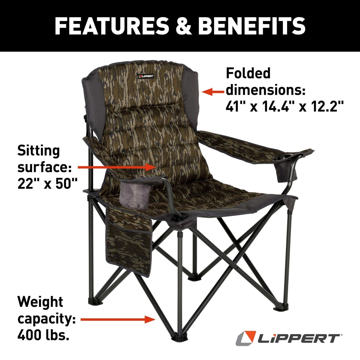 Lippert Camping Chair, 38-1/2 in Length x 42 in Height x 26 in Depth, 500 lb Weight Capacity - 2023053729