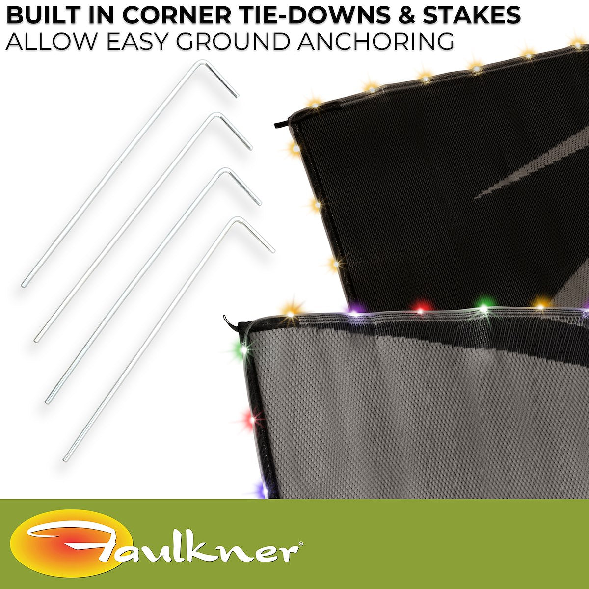 Faulkner Patio Mat, 18 ft Length x 9 ft Width, Reversible Black/Gray Fabric, Solar Powered Multicolor Or White LED Lights - 53025