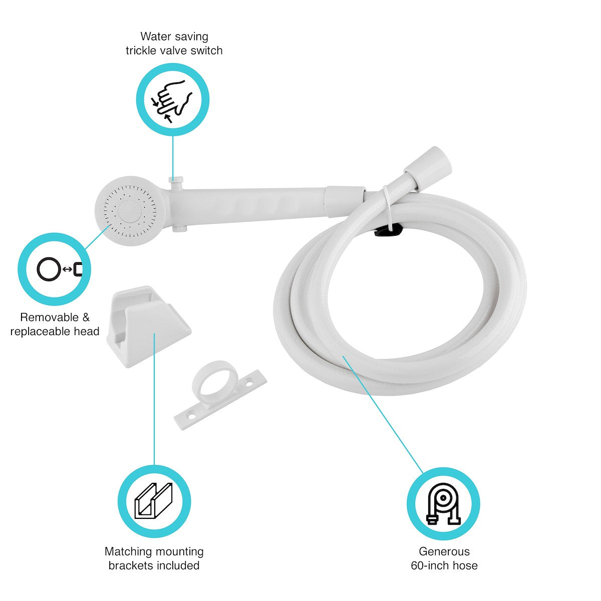 Dura Faucet Shower Head, Hand-Held With 60 in Reinforced Vinyl Hose, White - DF-SA130-WT