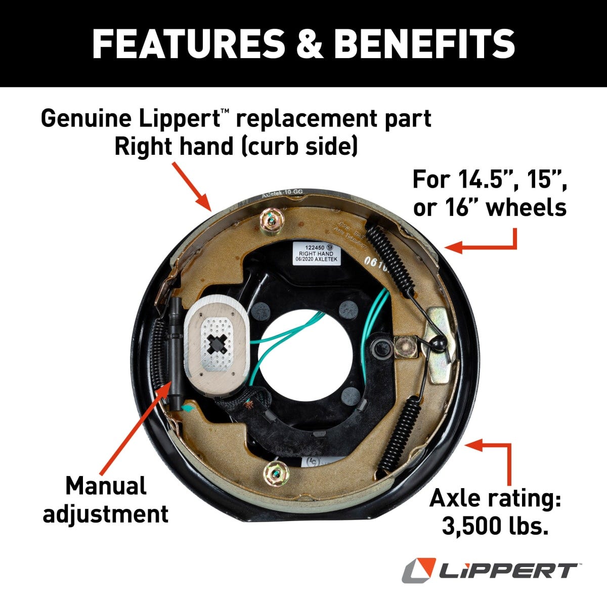 Lippert Trailer Brake Assembly, Replaces Lippert Assembly 10 in Diameter x 2-1/4 in Width, 3500 lb Axle Capacity - 298274
