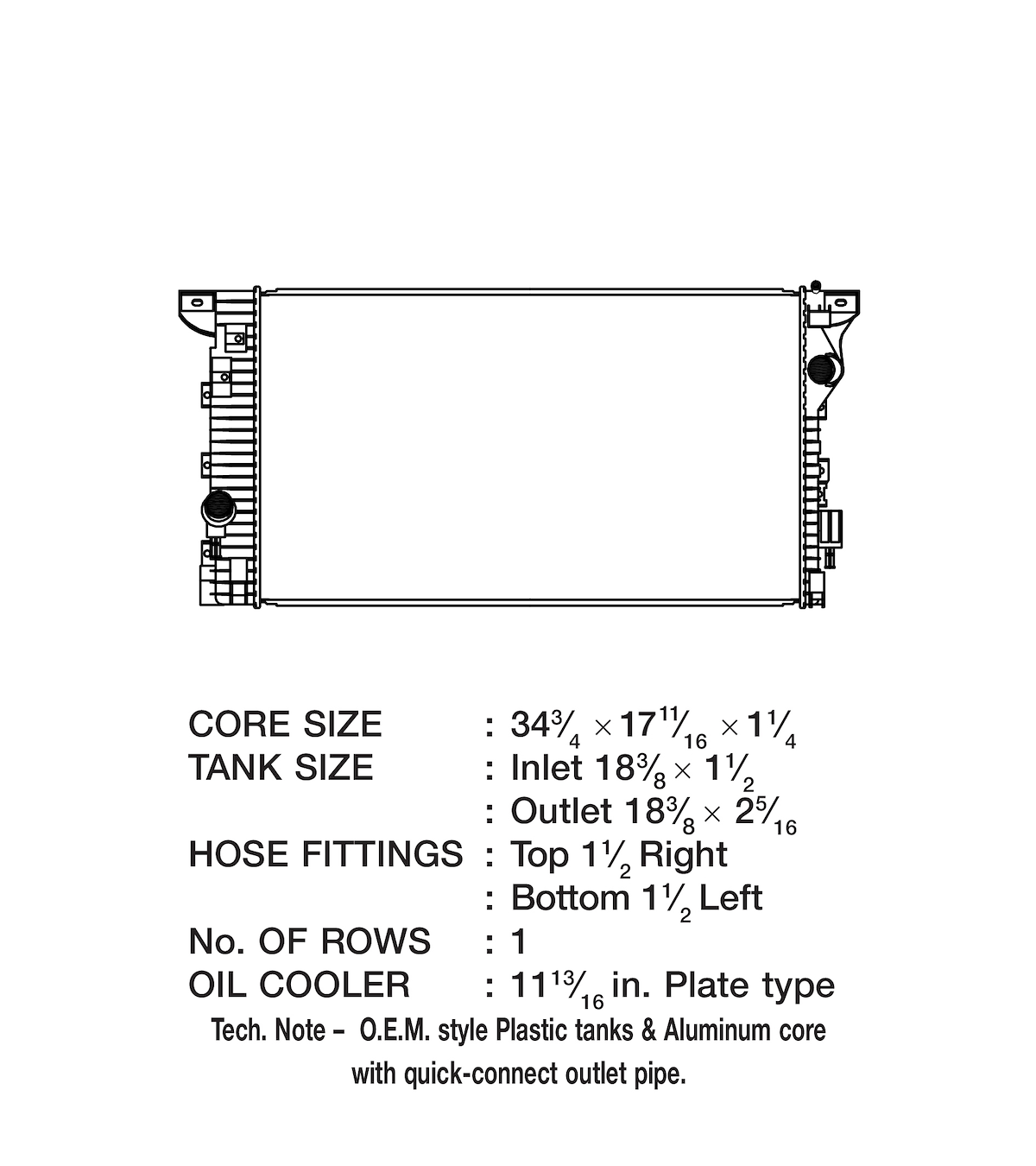 CSF Radiator, Aluminum Core With Plastic Tanks, 1-1/2 in Top Right And 1-1/2 in Bottom Left Hose Connections - 3744