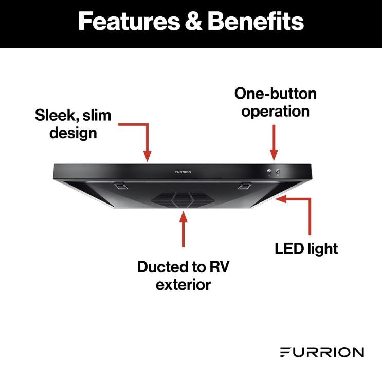 Furrion Stove Vent Hood, For 12 To 18 in Cabinet Depth, 10-11/16 in Width x 3-3/4 in Height Exhaust Duct, With LED Down Light - FHO23SACR-BL