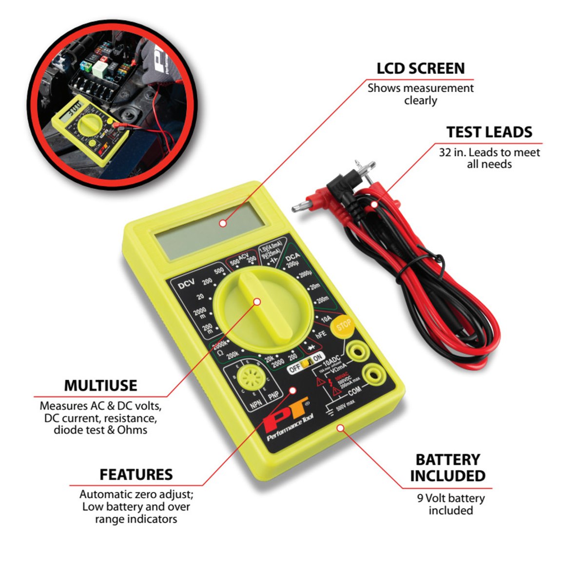 Performance Tool Electrical Multi-Tester, 9 V Battery Powered - W2974