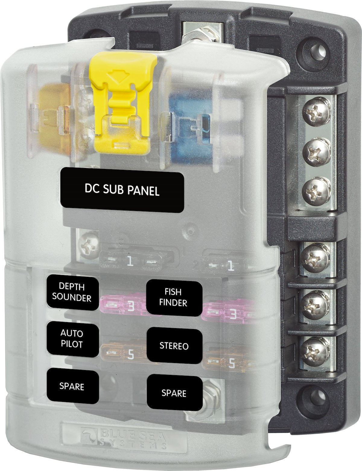 Blue Sea Fuse Block, 32 V DC, 100 amp Per Block/30 amp Per Circuit, 3.88 in Mounting Centers - 5025-BSS