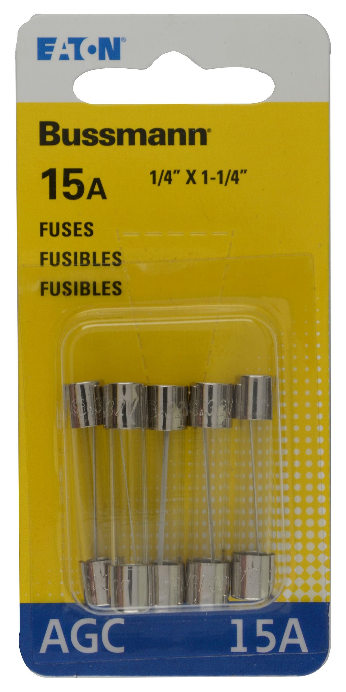 Bussmann Fuse, 15 amp, 1/4 in x 1-1/4 in, Pack Of 5 - BP/AGC-15-RP