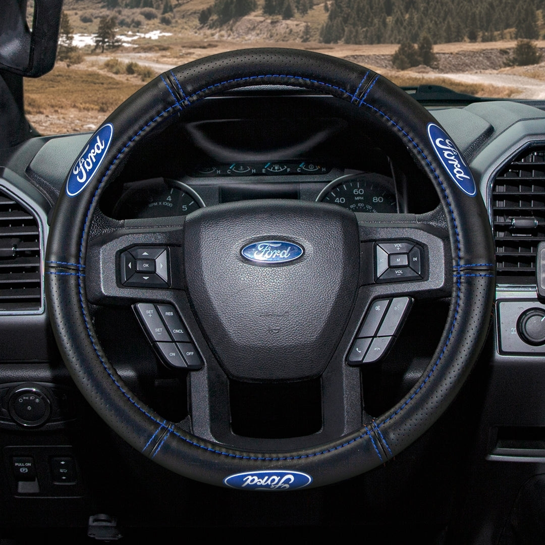 Plasticolor Steering Wheel Cover, For 14-1/2 To 15 in Wheels, Ford Oval Logo With Blue Contrast Stitching, Black - 006692R01