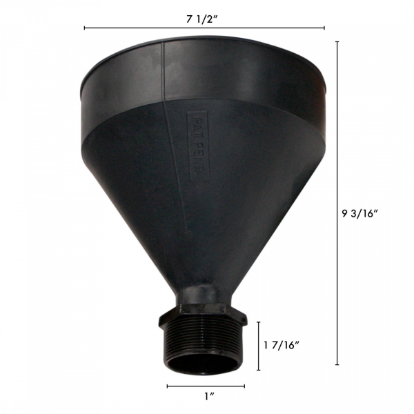 WirthCo Funnel, 7-1/2 in Top Inside Diameter x 9-3/16 in Overall Height, 2-1/4 in Spout Outside Diameter x 1-7/16 in Spout Length, Black - 32400