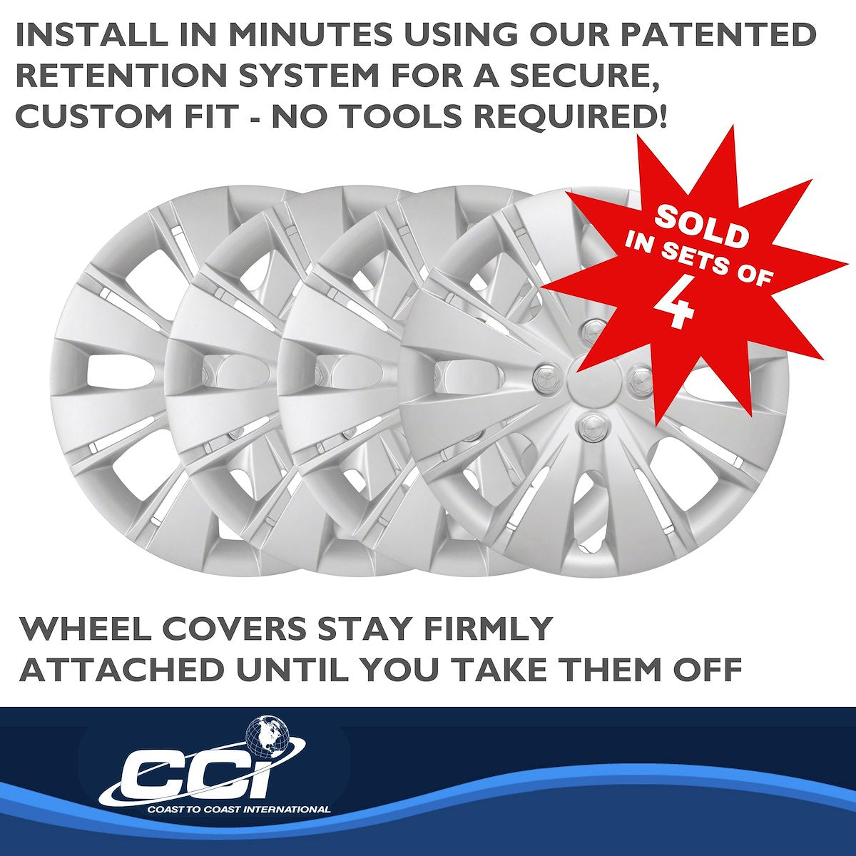 Coast2Coast Wheel Cover, 15 in, 8 Split Spoke, Spring Steel Clip, Set Of 4 - IWC50915S