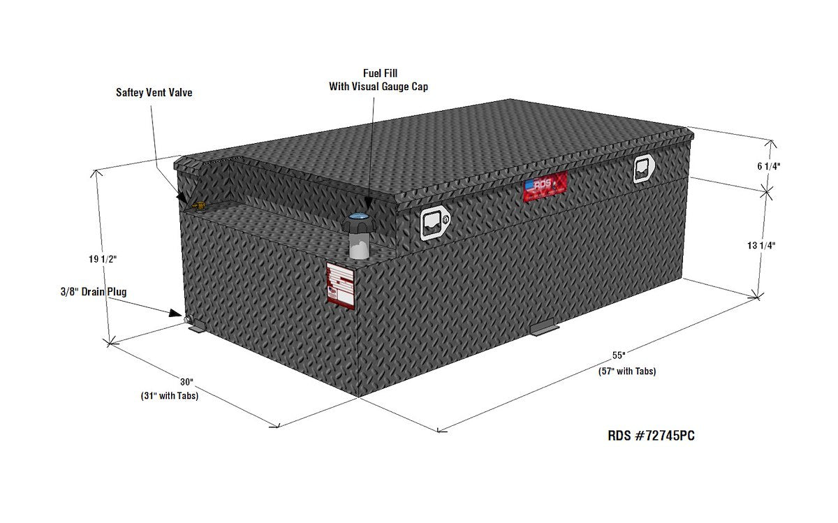 RDS Tanks Auxiliary Fuel Tank, 91 gal Capacity, 55 in Length x 30 in Width x 19-1/2 in Height, Black - 72745PC