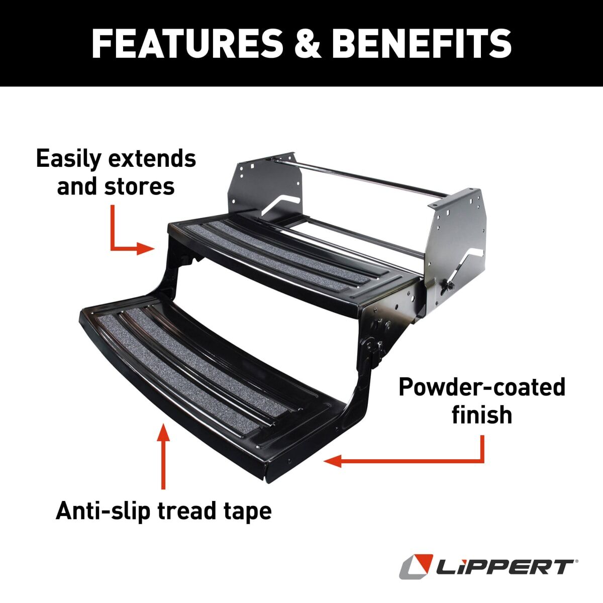 Lippert Entry Step, 2 Manual Folding Steps, 24 in Width x 7 in Depth, Powder Coated Black Heavy Gauge Steel - 432682
