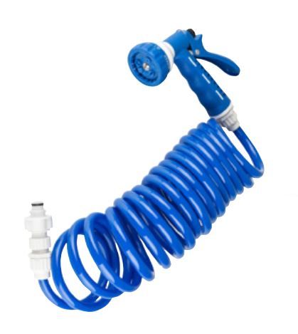 Dura Faucet Exterior Spray Port Quick Connect Hose, 15 ft Length, Coiled, Blue/White - DF-SA187-WT