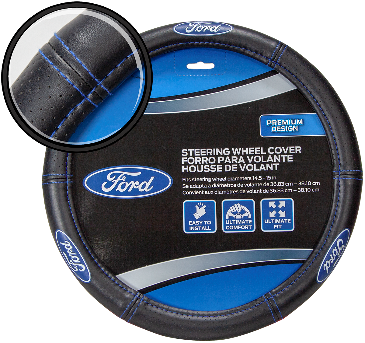 Plasticolor Steering Wheel Cover, For 14-1/2 To 15 in Wheels, Ford Oval Logo With Blue Contrast Stitching, Black - 006692R01