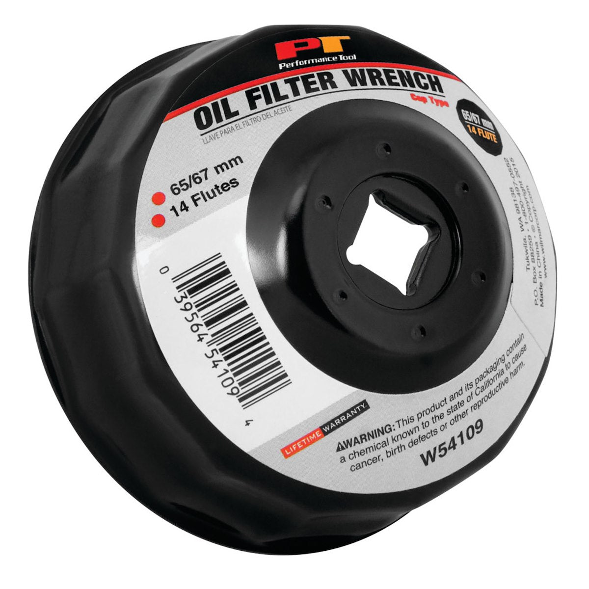 Performance Tool Oil Filter Wrench, 65/67 Millimeter Size, 3/8 in Drive, Black - W54109