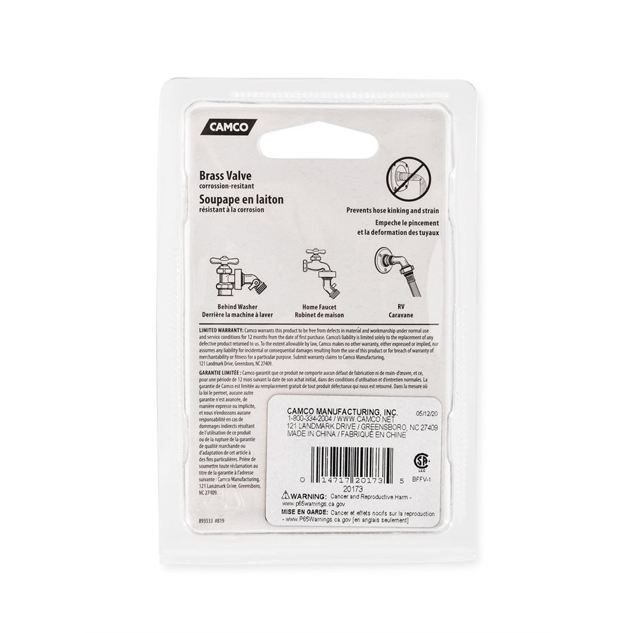 Camco Fresh Water Fill Hose Shut Off Valve, 45 degree Valve, Brass, Complies With CA and VT Regulations For Brass Content - 20173
