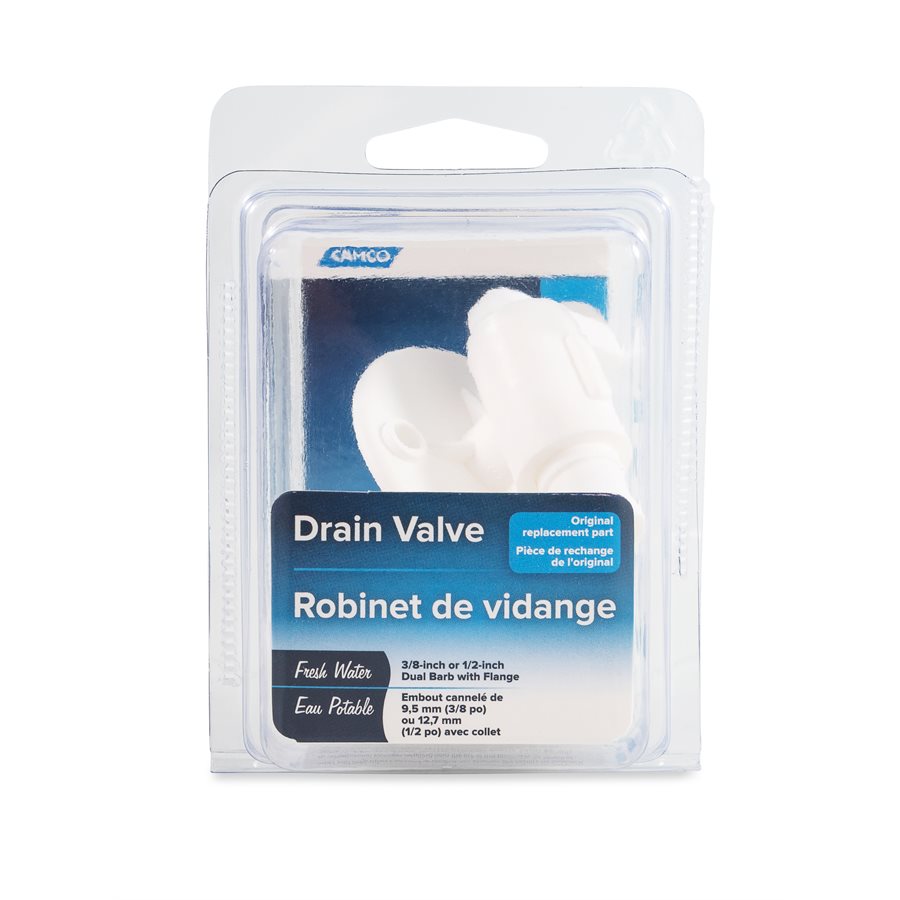 Camco Fresh Water Tank Drain Valve, Dual Hose Size To Fit 1/2 in or 3/4 in, With 3/8 in and 1/2 in Barb - 22223