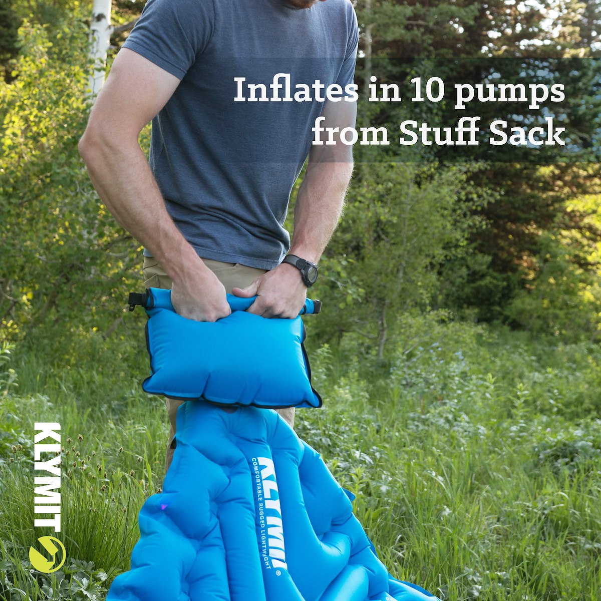 Klymit Sleeping Pad, 74 in Length x 47 in Width x 3 in Height Inflated Double, Blue, 75D Polyester Fabric - 06DVBL02E