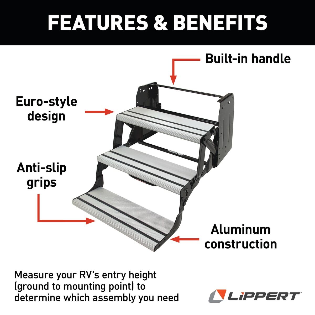 Lippert Entry Step, 3 Manual Folding Step, 24 in Width x 8-1/2 in Depth, With 9 in Rise - 432696
