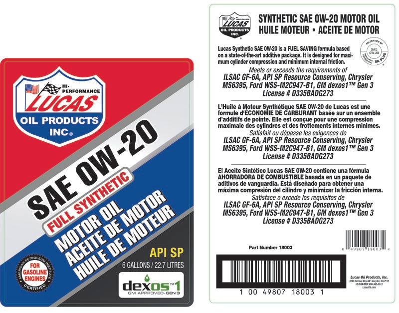 Lucas Oil Oil, SAE 0W-20, 6 gal Bag In Box - 18003
