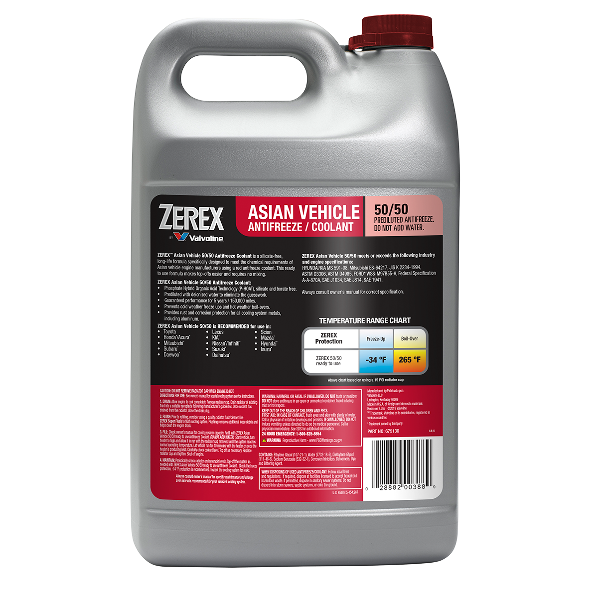 Zerex Engine Coolant, Pre-Mixed 50-50, Red, Service Life Of Up To 5 Years Or 150,000 Miles - 675130